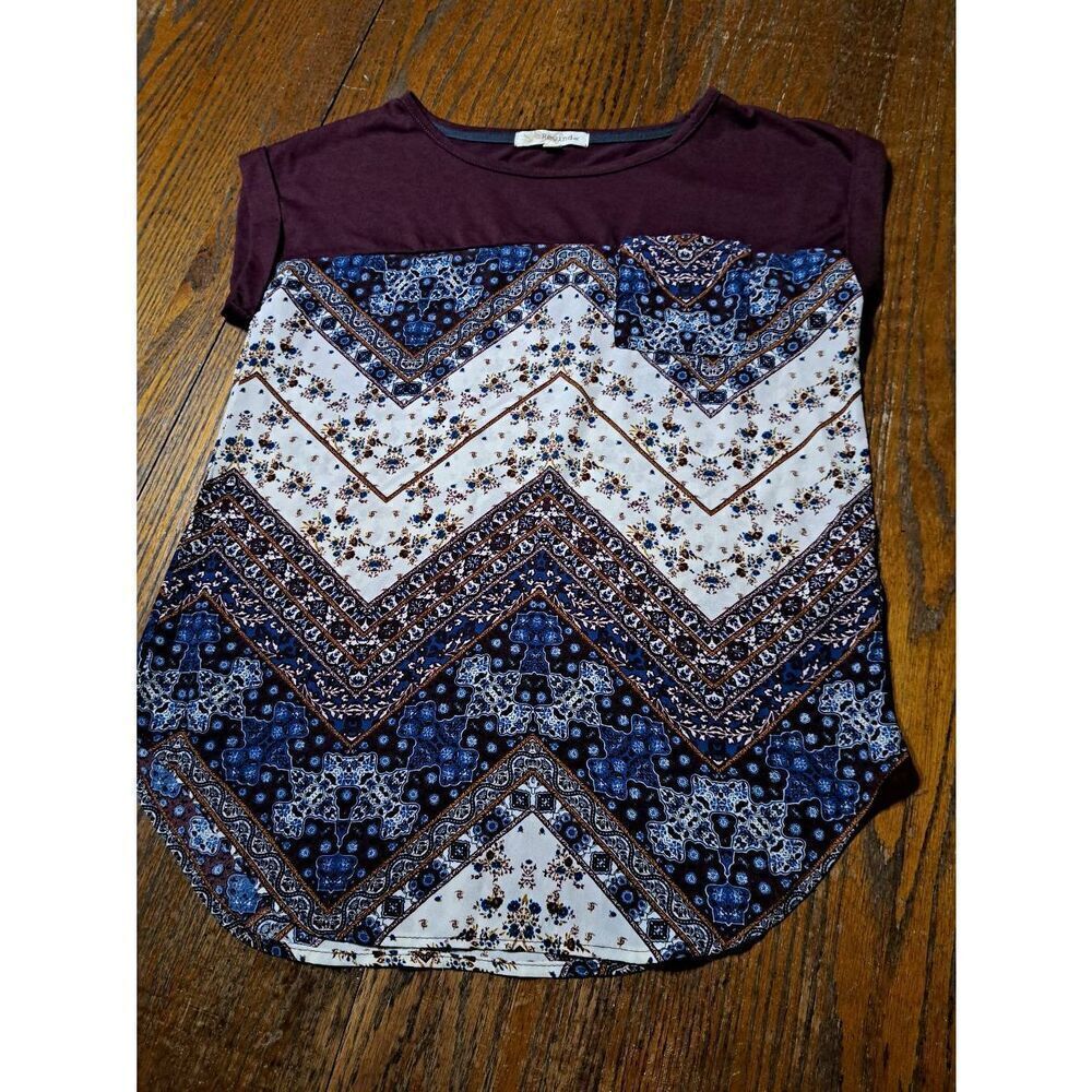 XS Rewind Short Cuffed Sleeve Burgandy Teal White Gold Pullover Shirt Top